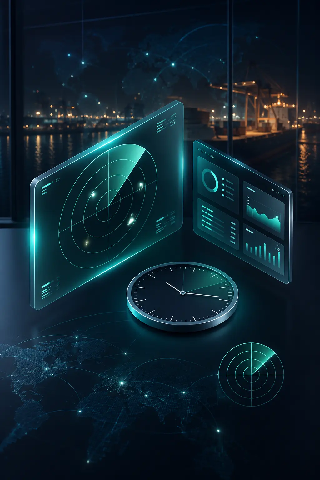 Ilustración 3D de radar y reloj de seguimiento permanente