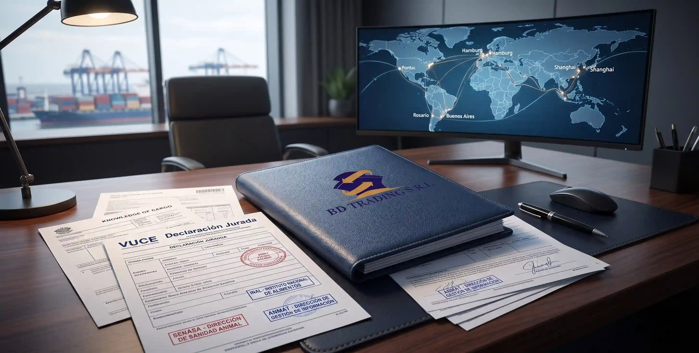 Oficina de BD TRADING con mapa del comercio mundial