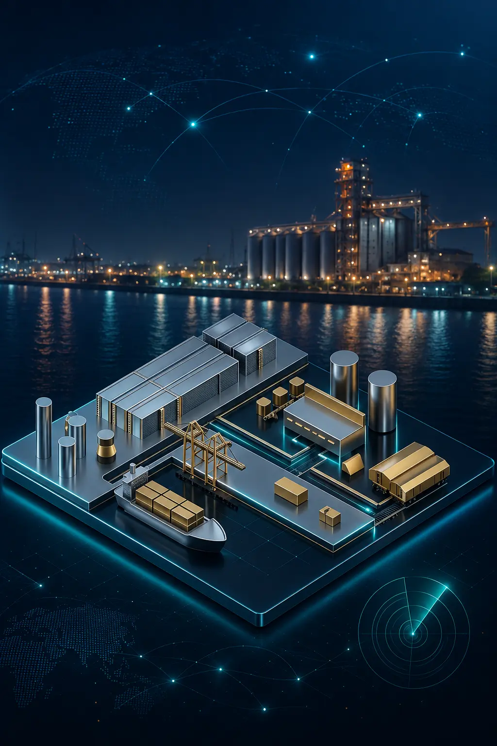 Ilustración 3D nocturna del puerto y la sede industrial de BD Trading